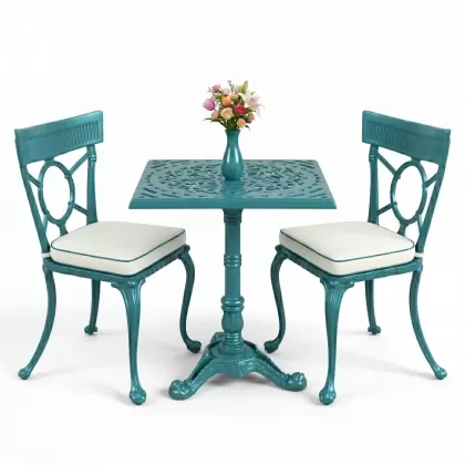 Kare 2 Kişilik alüminyum döküm masa, Ferfforje sandalye metal balkon bahçe takımı turkuaz