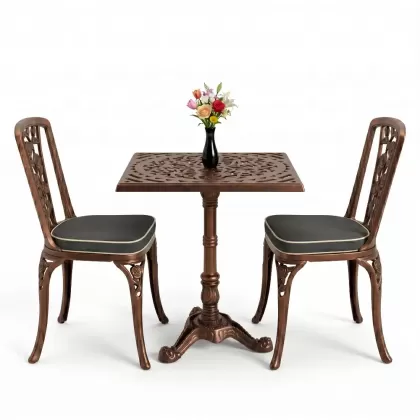 Kare 2 Kişilik alüminyum döküm masa, Ferfforje sandalye metal balkon bahçe takımı bakır eskitme