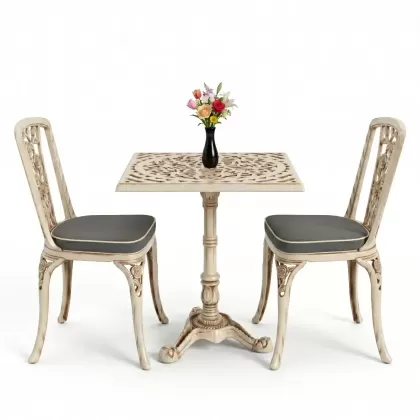 Kare 2 Kişilik alüminyum döküm masa, Ferfforje sandalye metal balkon bahçe takımı beyaz eskitme