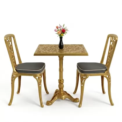 Kare 2 Kişilik alüminyum döküm masa, Ferfforje sandalye metal balkon bahçe takımı gold altın