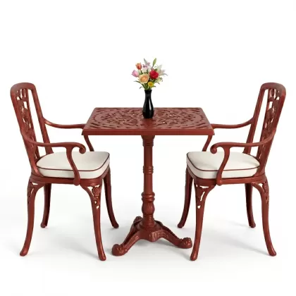 Kare 2 Kişilik alüminyum döküm masa, Ferfforje sandalye metal balkon bahçe takımı kiremit kırmızı