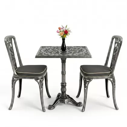 Kare 2 Kişilik alüminyum döküm masa, Ferfforje sandalye metal balkon bahçe takımı silver gümüş