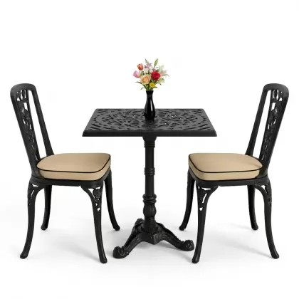 Kare 2 Kişilik alüminyum döküm masa, Ferfforje sandalye metal balkon bahçe takımı siyah