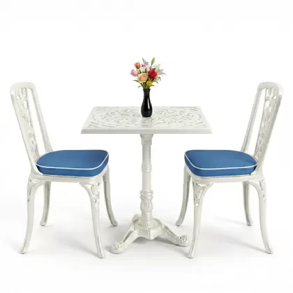 Kare 2 Kişilik alüminyum döküm masa, Ferfforje sandalye metal balkon bahçe takımı beyaz