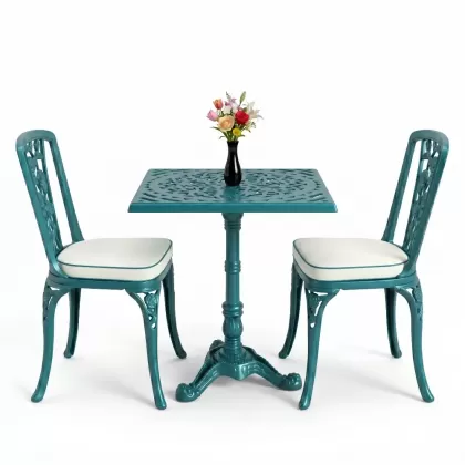 Kare 2 Kişilik alüminyum döküm masa, Ferfforje sandalye metal balkon bahçe takımı turkuaz