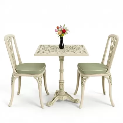 Kare 2 Kişilik alüminyum döküm masa, Ferfforje sandalye metal balkon bahçe takımı yeşil patina
