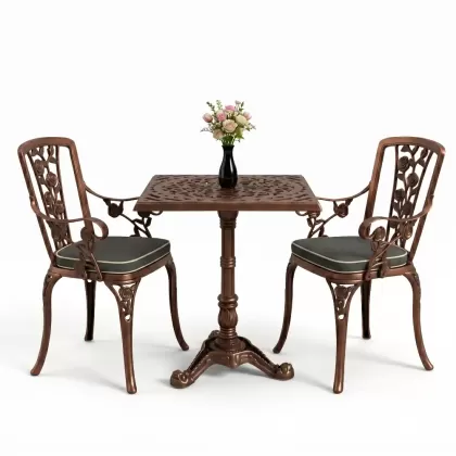 Kare 2 Kişilik alüminyum döküm masa, Ferfforje sandalye metal balkon bahçe takımı bakır eskitme