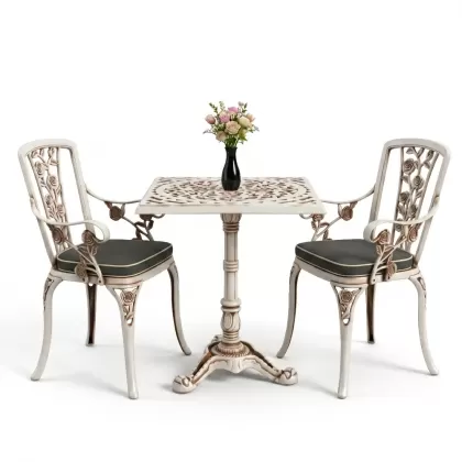 Kare 2 Kişilik alüminyum döküm masa, Ferfforje sandalye metal balkon bahçe takımı beyaz eskitme