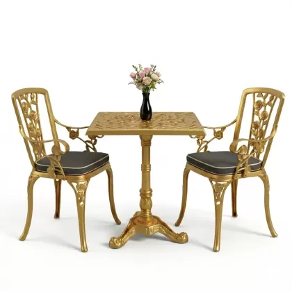 Kare 2 Kişilik alüminyum döküm masa, Ferfforje sandalye metal balkon bahçe takımı altın gold