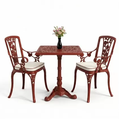 Kare 2 Kişilik alüminyum döküm masa, Ferfforje sandalye metal balkon bahçe takımı kiremit kırmızı