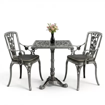 Kare 2 Kişilik alüminyum döküm masa, Ferfforje sandalye metal balkon bahçe takımı silver gümüş