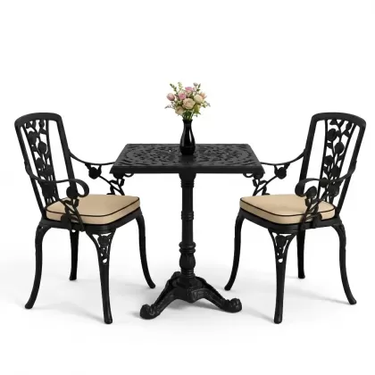 Kare 2 Kişilik alüminyum döküm masa, Ferfforje sandalye metal balkon bahçe takımı siyah