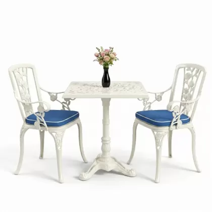 Kare 2 Kişilik alüminyum döküm masa, Ferfforje sandalye metal balkon bahçe takımı beyaz