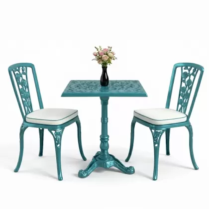 Kare 2 Kişilik alüminyum döküm masa, Ferfforje sandalye metal balkon bahçe takımı turkuaz