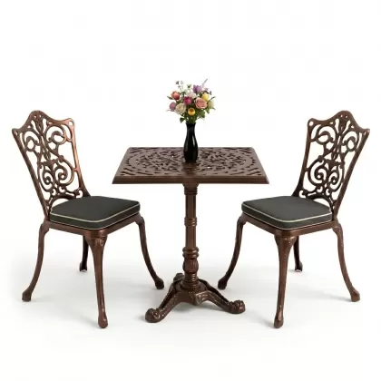 Kare 2 Kişilik alüminyum döküm masa, Ferfforje sandalye metal balkon bahçe takımı bakır eskitme