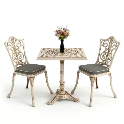 Kare 2 Kişilik alüminyum döküm masa, Ferfforje sandalye metal balkon bahçe takımı beyaz eskitme