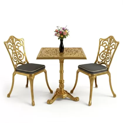 Kare 2 Kişilik alüminyum döküm masa, Ferfforje sandalye metal balkon bahçe takımı gold altın