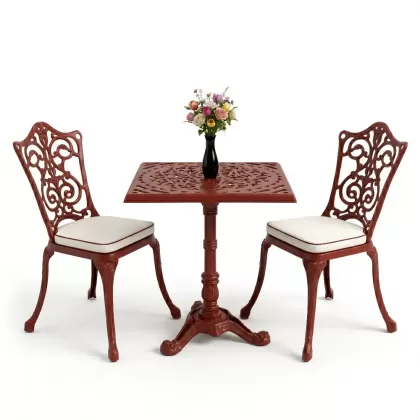 Kare 2 Kişilik alüminyum döküm masa, Ferfforje sandalye metal balkon bahçe takımı kırmızı kiremit