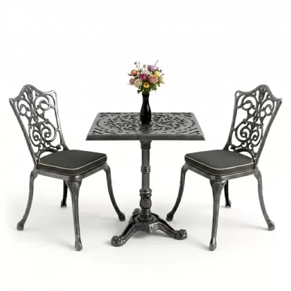 Kare 2 Kişilik alüminyum döküm masa, Ferfforje sandalye metal balkon bahçe takımı gümüş silver
