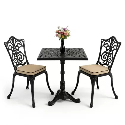 Kare 2 Kişilik alüminyum döküm masa, Ferfforje sandalye metal balkon bahçe takımı siyah