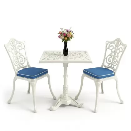 Kare 2 Kişilik alüminyum döküm masa, Ferfforje sandalye metal balkon bahçe takımı beyaz