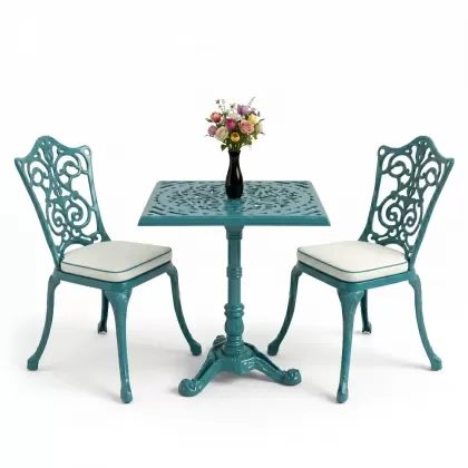 Kare 2 Kişilik alüminyum döküm masa, Ferfforje sandalye metal balkon bahçe takımı turkuaz