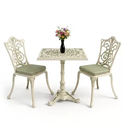 Kare 2 Kişilik alüminyum döküm masa, Ferfforje sandalye metal balkon bahçe takımı yeşil patina