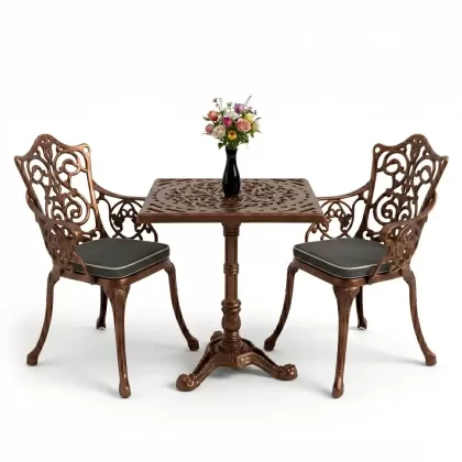 Kare 2 Kişilik alüminyum döküm masa, Ferfforje sandalye metal balkon bahçe takımı bakır eskitme