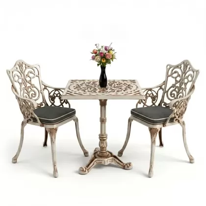 Kare 2 Kişilik alüminyum döküm masa, Ferfforje sandalye metal balkon bahçe takımı beyaz eskitme