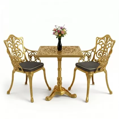 Kare 2 Kişilik alüminyum döküm masa, Ferfforje sandalye metal balkon bahçe takımı gold altın