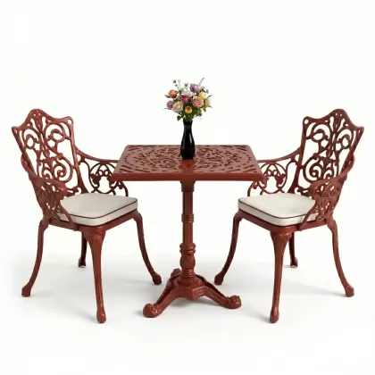 Kare 2 Kişilik alüminyum döküm masa, Ferfforje sandalye metal balkon bahçe takımı kırmızı kiremit