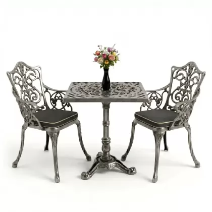 Kare 2 Kişilik alüminyum döküm masa, Ferfforje sandalye metal balkon bahçe takımı gümüş silver