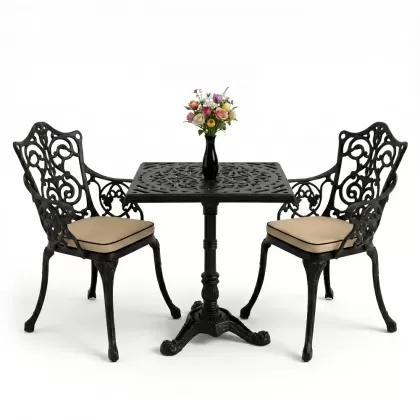 Kare 2 Kişilik alüminyum döküm masa, Ferfforje sandalye metal balkon bahçe takımı siyah