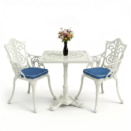 Kare 2 Kişilik alüminyum döküm masa, Ferfforje sandalye metal balkon bahçe takımı beyaz