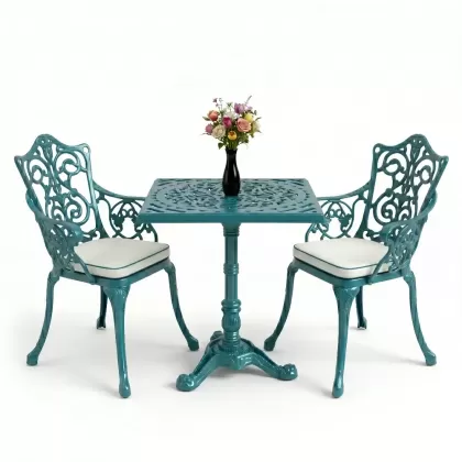 Kare 2 Kişilik alüminyum döküm masa, Ferfforje sandalye metal balkon bahçe takımı turkuaz