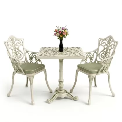 Kare 2 Kişilik alüminyum döküm masa, Ferfforje sandalye metal balkon bahçe takımı yeşil patina