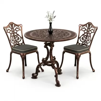 Yuvarlak 2 Kişilik alüminyum döküm masa, Ferfforje sandalye metal  balkon bahçe takımı bakır eskitme