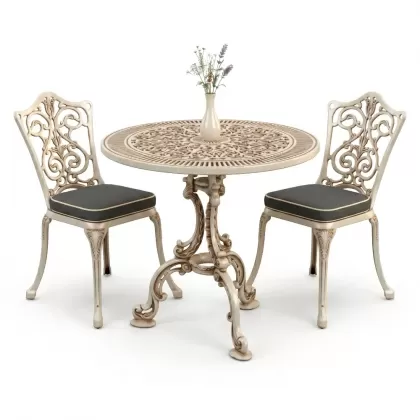 Yuvarlak 2 Kişilik alüminyum döküm masa, Ferfforje sandalye metal  balkon bahçe takımı beyaz eskitme