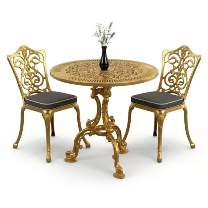 Yuvarlak 2 Kişilik alüminyum döküm masa, Ferfforje sandalye metal  balkon bahçe takımı gold altın