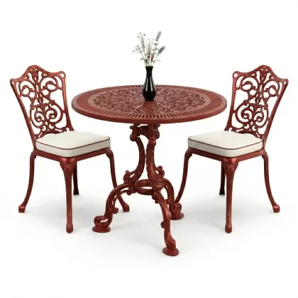 Yuvarlak 2 Kişilik alüminyum döküm masa, Ferfforje sandalye metal  balkon bahçe takımı kırmızı kiremit