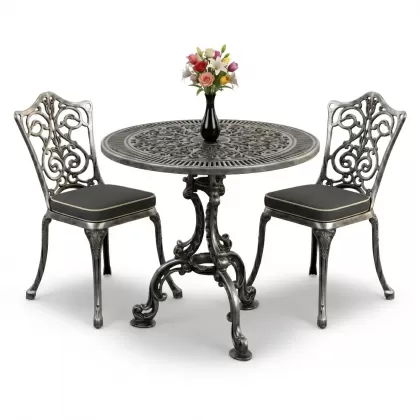 Yuvarlak 2 Kişilik alüminyum döküm masa, Ferfforje sandalye metal  balkon bahçe takımı gümüş silver