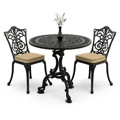 Yuvarlak 2 Kişilik alüminyum döküm masa, Ferfforje sandalye metal  balkon bahçe takımı siyah