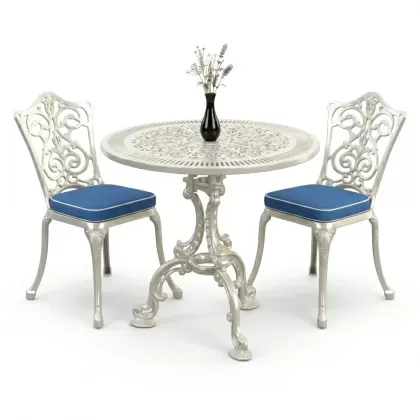 Yuvarlak 2 Kişilik alüminyum döküm masa, Ferfforje sandalye metal  balkon bahçe takımı beyaz