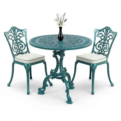 Yuvarlak 2 Kişilik alüminyum döküm masa, Ferfforje sandalye metal  balkon bahçe takımı turkuaz