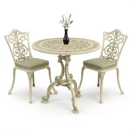 Yuvarlak 2 Kişilik alüminyum döküm masa, Ferfforje sandalye metal  balkon bahçe takımı yeşil patina
