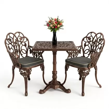 Yuvarlak 2 Kişilik alüminyum döküm masa, Ferfforje sandalye metal  balkon bahçe takımı bakır eskitme