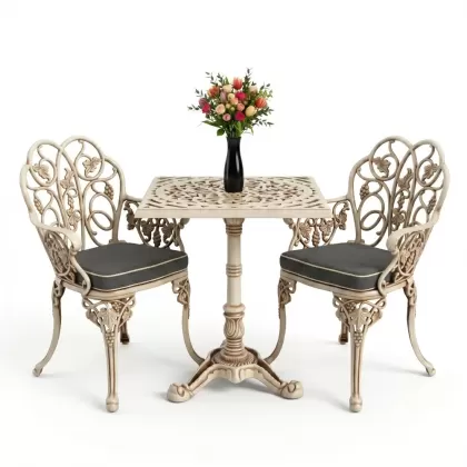 Yuvarlak 2 Kişilik alüminyum döküm masa, Ferfforje sandalye metal  balkon bahçe takımı beyaz eskitme