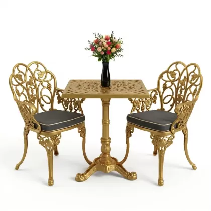Yuvarlak 2 Kişilik alüminyum döküm masa, Ferfforje sandalye metal  balkon bahçe takımı altın gold