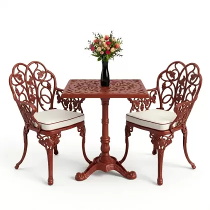 Yuvarlak 2 Kişilik alüminyum döküm masa, Ferfforje sandalye metal  balkon bahçe takımı kırmızı kiremit