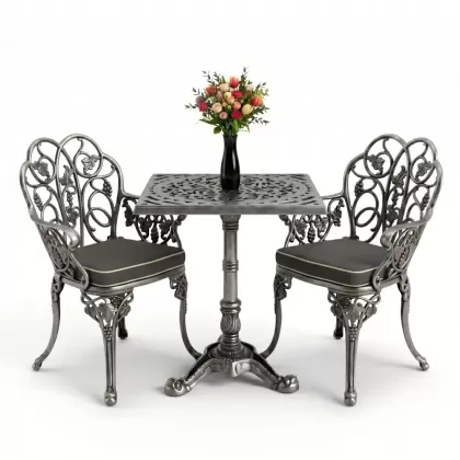 Yuvarlak 2 Kişilik alüminyum döküm masa, Ferfforje sandalye metal  balkon bahçe takımı gümüş silver